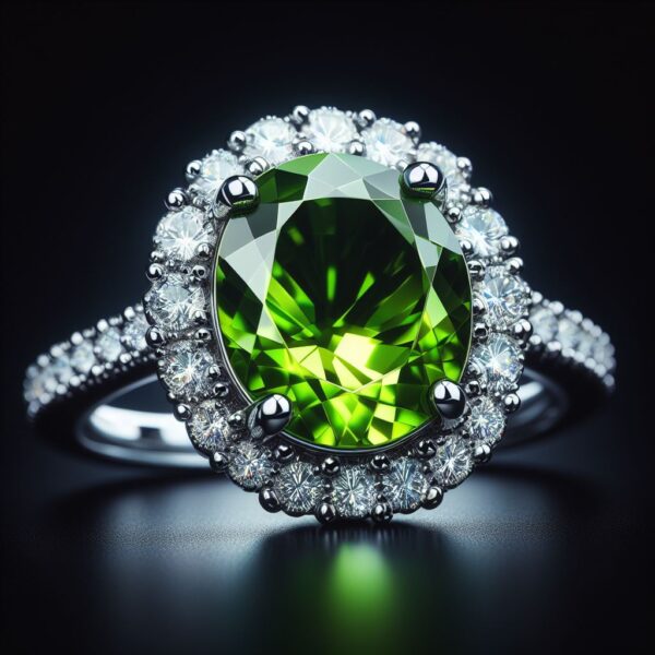 Peridot and Diamond Halo Ring